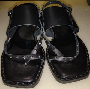 🇮🇹 Avellini Made in Italy Black Leather Studded Square Toe Gladiator Sandals 9